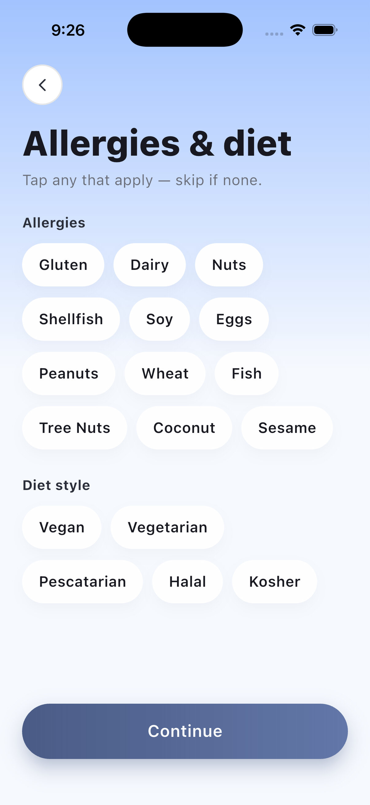 UPlate allergies and diet screen with tappable chips for gluten, dairy, nuts and shellfish, and diet styles including vegan, halal and kosher
