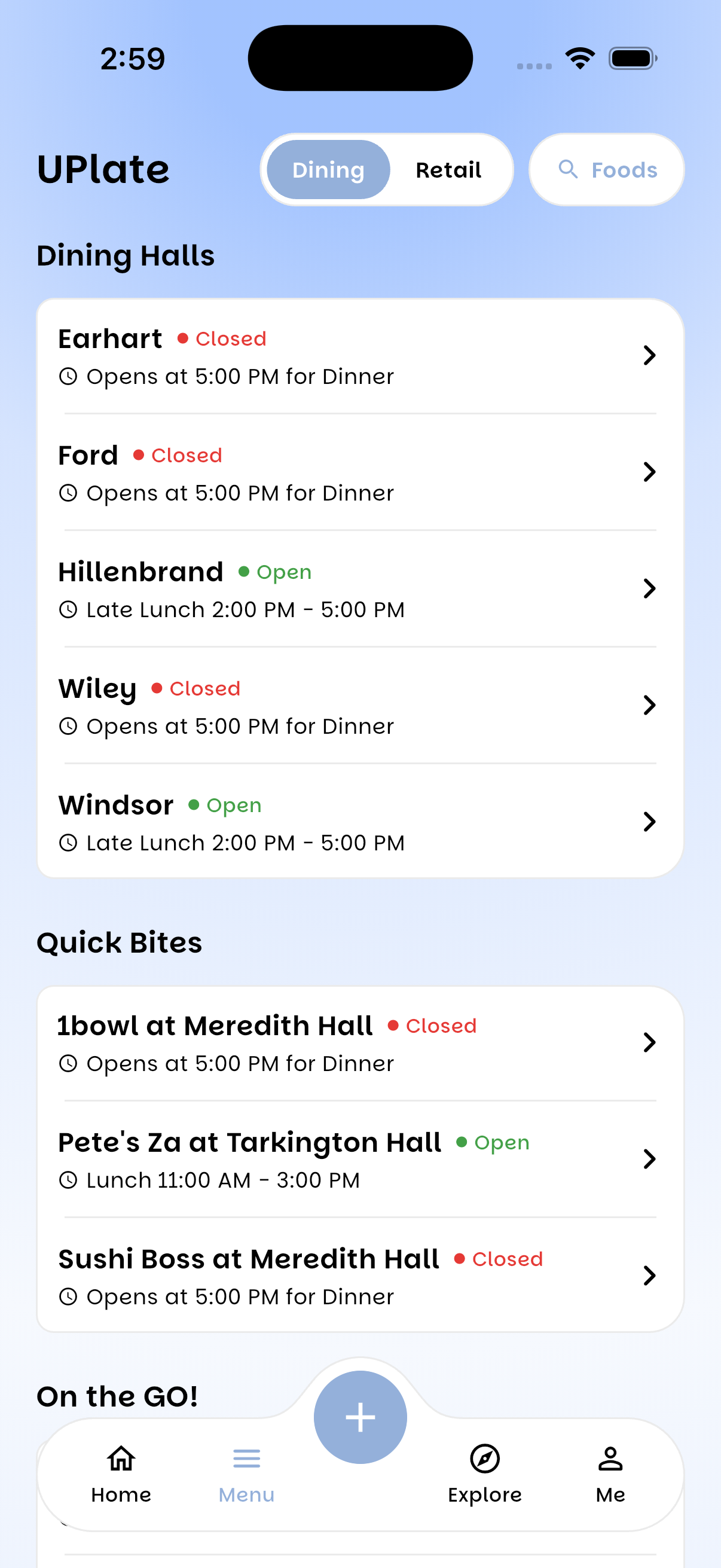 The UPlate menu tab, listing campus dining halls under a Residential tab next to a Retail tab where partner restaurants appear