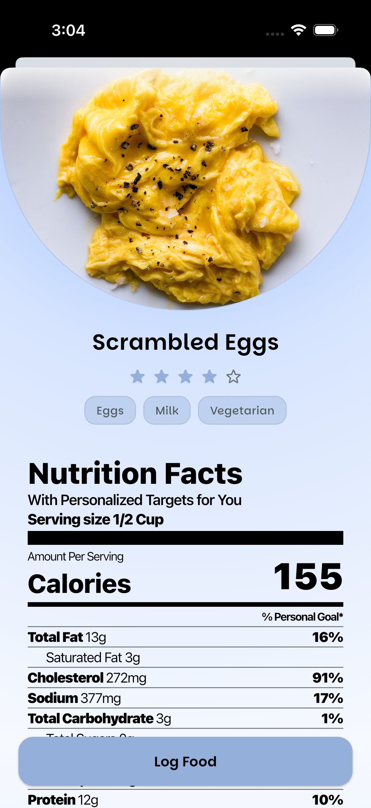 UPlate food detail screen with a star rating and nutrition facts shown as a percentage of your personal goals