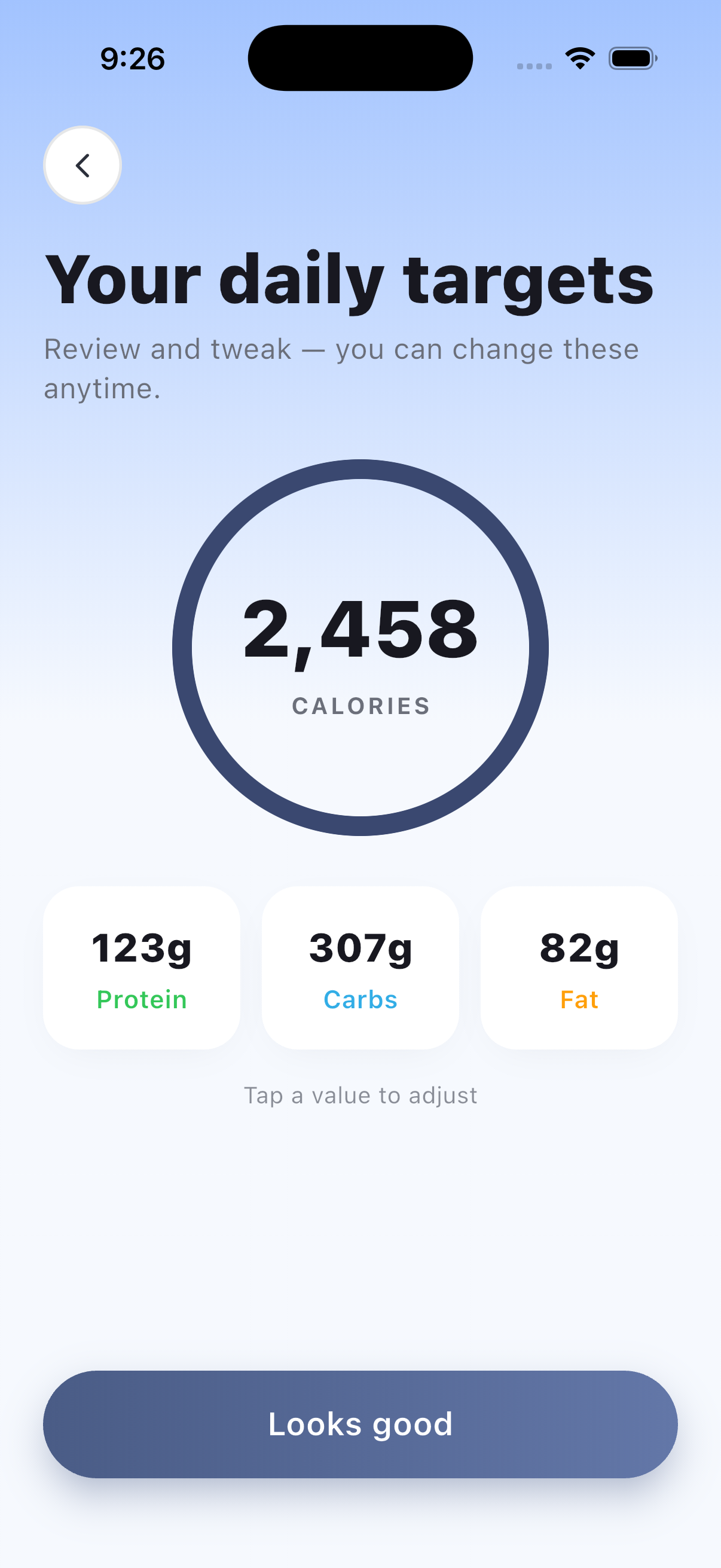 UPlate's daily target screen, showing a 2,458 calorie ring above 123g protein, 307g carbs, and 82g fat, each adjustable
