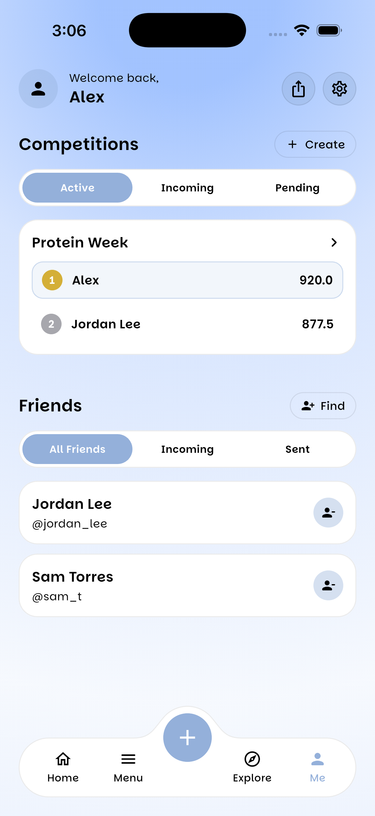 The UPlate competitions screen, where students set up weekly macro challenges against their friends